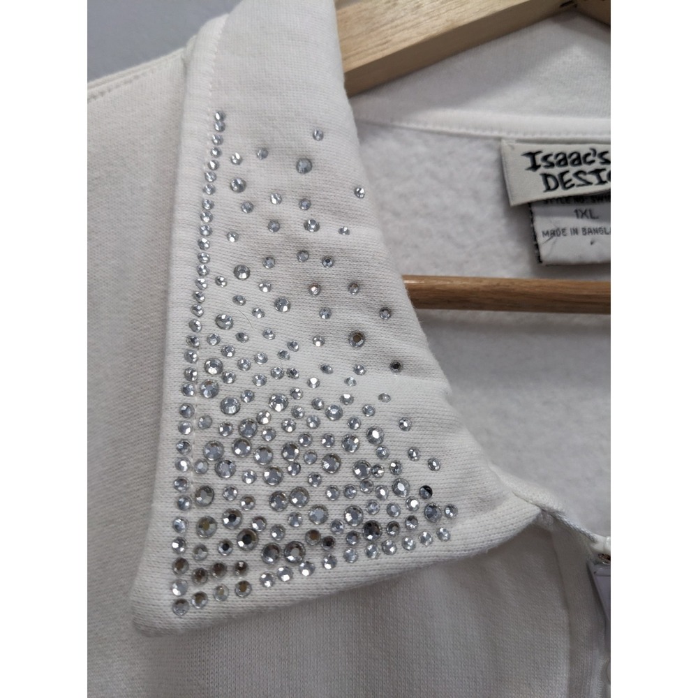 Isaac's‎ DESIGNS Sweatshirt Jacket Zip Embellished Sparkly Rhinestones White 1XL - Picture 3 of 16